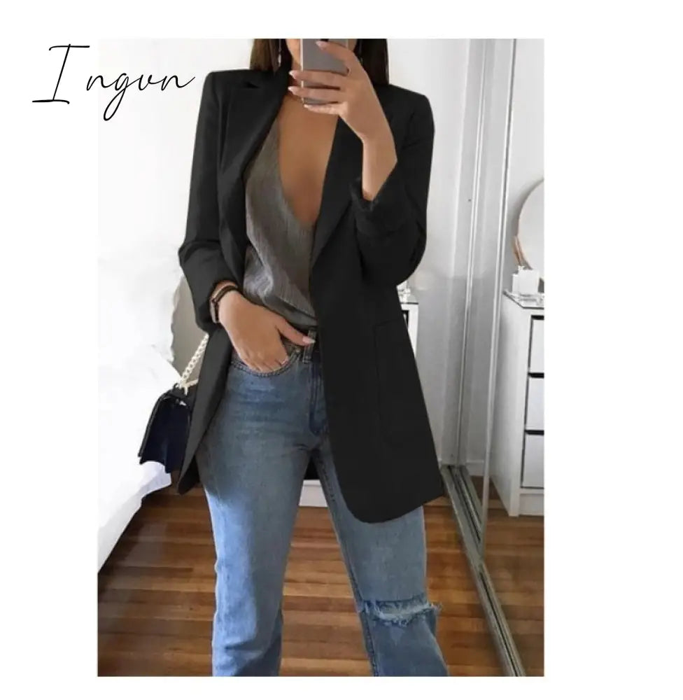 Ingvn - Fashion Korean Casual Women's Blazer Spring Autumn Long Blazer Women Suit Outwear Slim Coats Office Ladies Blazer Work Jacket