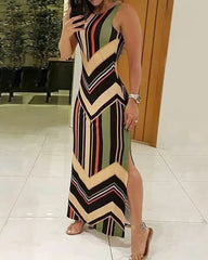 Ingvn - Colorful Striped Print Side Slit Maxi Dress Women Colorblock Sleeveless Slim Long Dresses