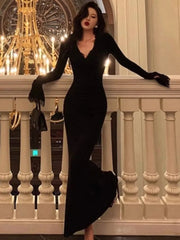Autumn Lace Patchwork Mermaid Dress Women Elegant V-Neck Long Flare Sleeve Slim Bodycon Vestidos Vintage Chic Evening Party Robe
