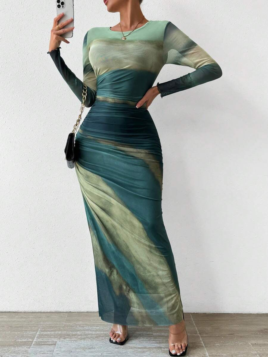 Fashion Mesh Printing Pleated Sexy Tight Split Crewneck dress