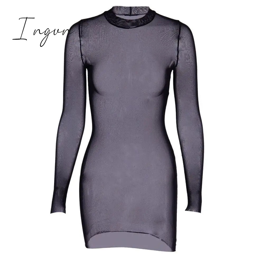 Ingvn - Summer Outfits Fashion Trends Sexy Women Dress Mesh See-through Long Sleeves Dress Slim Tight Backless Dress Party Clubwear Female Mini Dresses Black
