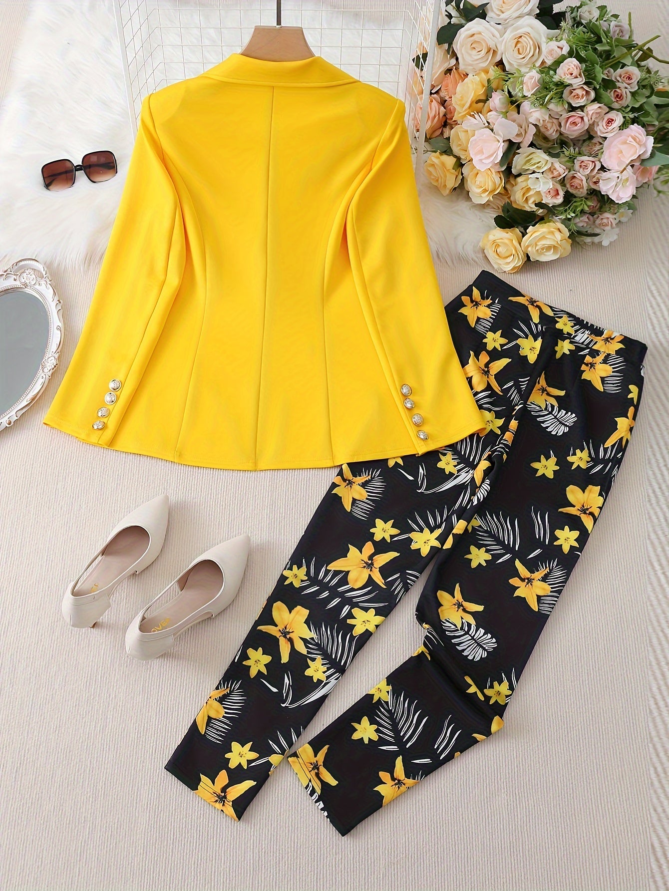 Two-piece Set, Solid Long Sleeve Blazer & Floral Print Wide Leg Pants, Elegant Stylish Women's Clothing Outfits