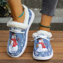 Snowman Pattern Canvas Shoes - Lightweight, Low-Top, Plush Lined, Casual Lace-Up Sneakers for Women - Perfect for Outdoor Activities, Christmas Gift Idea, Comfortable and Breathable
