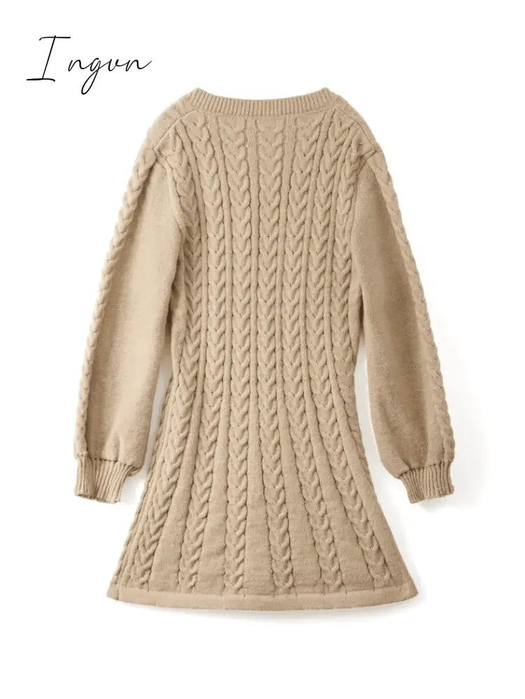 Ingvn - V Neck Cable Knit Long Sleeve Mini Dress