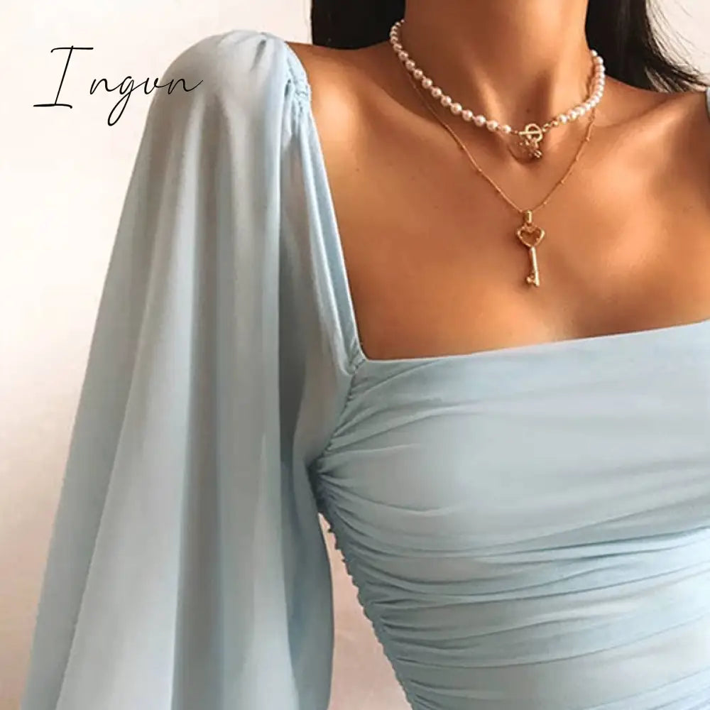 Ingvn - High Waist Long-Sleeve Sheath Mini Dress Blue Flat-Fitting Collar Sexy Dress Solid Color Fashion Slim Fit Bodycon Dresses