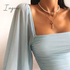 Ingvn - High Waist Long-Sleeve Sheath Mini Dress Blue Flat-Fitting Collar Sexy Dress Solid Color Fashion Slim Fit Bodycon Dresses