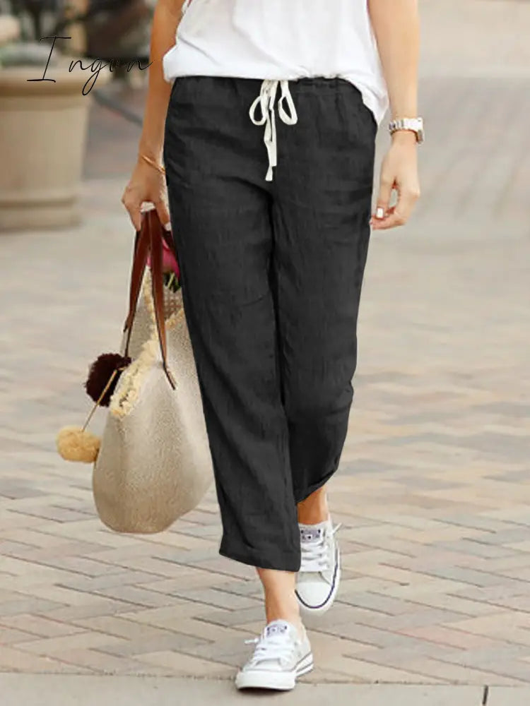 Ingvn - Summer Capri Pants Pockets Drawstring Casual Pants