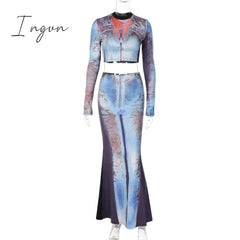 Ingvn - Print Two Piece Set Women Autumn New O Neck Long Sleeve T-shirt And Long Skirt Suits Fashion Sexy Printed Skirt Sets