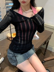 Ingvn - 2023 Autumn Casual See-through Blouses Women Sexy Y2k Clothing Korean Style Knitted Sweater Female Elegant Pullover Slim Tees