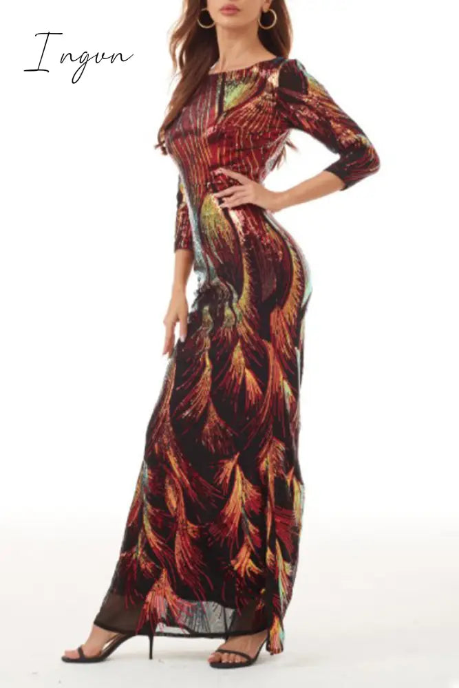 Ingvn - Elegant College Color Block Sequins Patchwork O Neck Evening Dress Dresses