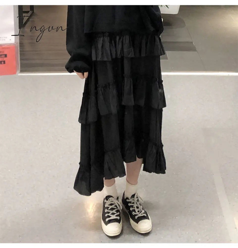 Ingvn - Midi Long Skirts Womens Maxi Skirt Goth Lolita Summer High Waisted Asymmetrical High Low Ruched Ruffle Skirts rok