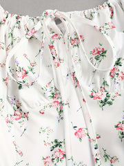 Elegant White Floral Print Midi Dress with Puff Sleeves & Tie-Back Detail - Square Neck, Non-Sheer Polyester for Women - Perfect for Spring, Summer & All Seasons, Formal Wear | Puff Sleeves Dress | Polyester Fabric