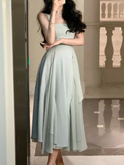 Elegant Sleeveless Female A-line Dress Summer Ladies Vestidos Spaghetti Strap Slim Waist Mesh Patchwork Women Dress