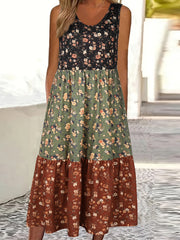 Fashionable Color Block Floral Print Tank Dress - Stylish Crew Neck, Flouncy Tiered Ruffles, Sleeveless - Versatile Casual Womens Summer Wear