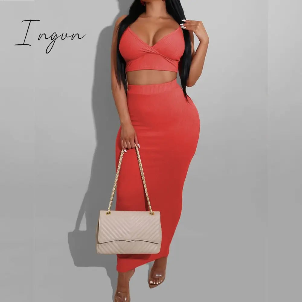 Ingvn - Sexy Two Piece Sets V-Neck Long Sleeve Crop Top Knitted Long Skirt Party Women Sets Wrap Club Bodycon 2 Pieces Outfits