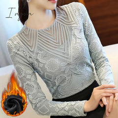 Ingvn - Autumn and Winter Plus Velvet Lace Bottoming Shirt Women's Long Sleeve Hollow Korean Round Neck Slim Warm Mesh Shirt
