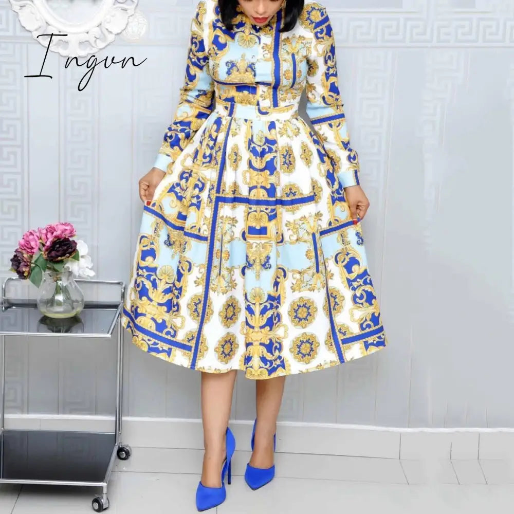 Ingvn - White Pleated Dresses for Women's Elegant Printed High Waisted Long Sleeve Autumn Fall New Evening Night Party Vestidos Hot
