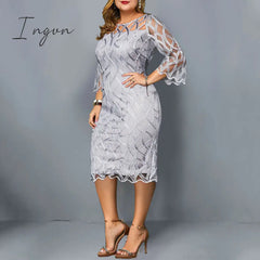 Ingvn - Summer Women Lace Slim Patchwork Party Dress Office Ladies Round Neck Flare Sleeve Stretch Bodycon Plus Size Dresses
