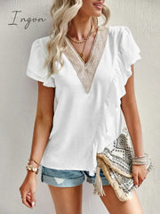 Ingvn - Short sleeved shirt for women's summer 2023 temperament commuting V-neck ruffle top