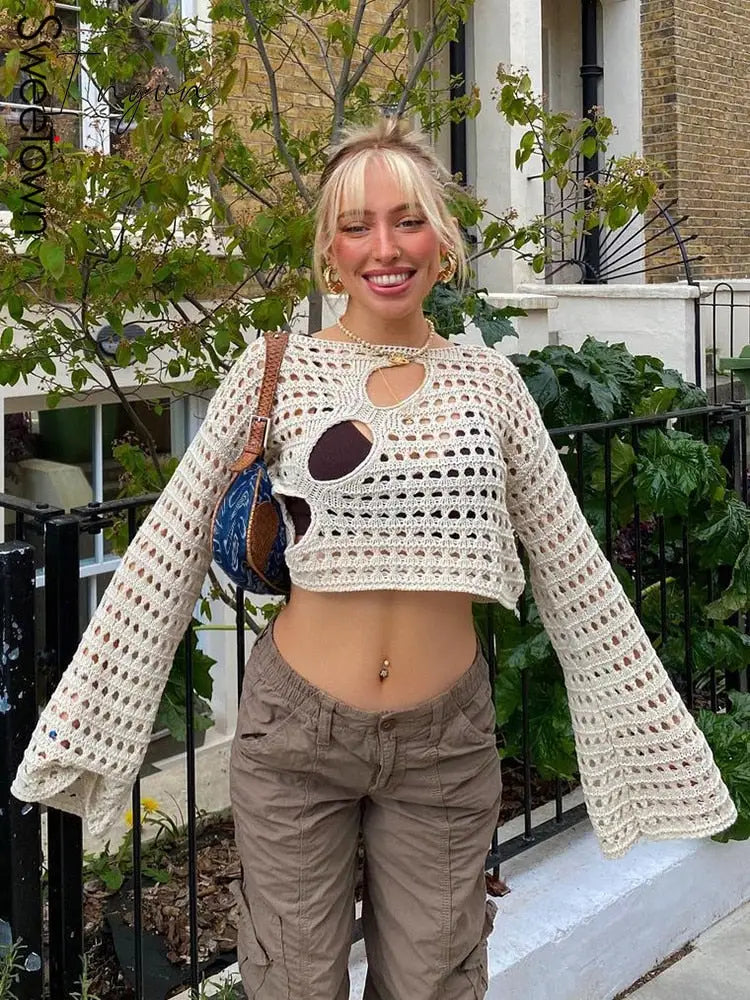 Ingvn - Hot Sell Irregular Hollow Out Knitted Y2K T-Shirts Women Summer Vacation Clothes O Neck Flare Sleeve See Through Casual Tops