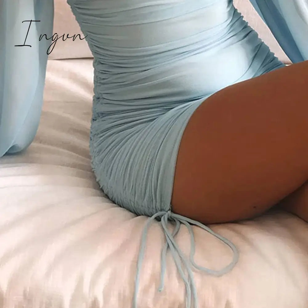 Ingvn - High Waist Long-Sleeve Sheath Mini Dress Blue Flat-Fitting Collar Sexy Dress Solid Color Fashion Slim Fit Bodycon Dresses