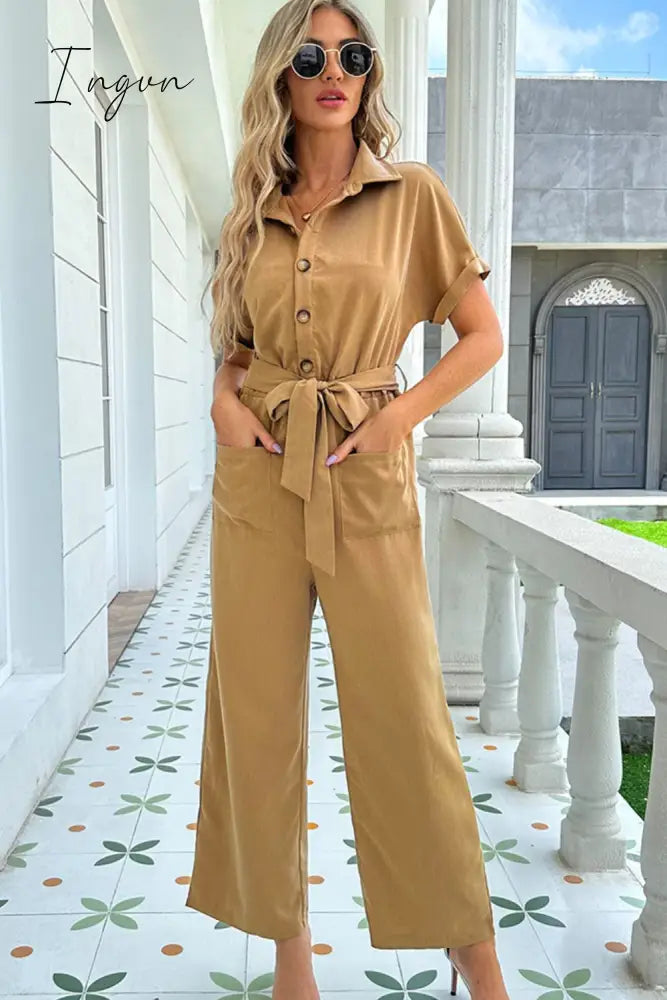 Ingvn - Tie Belt Buttoned Short Sleeve Collared Neck Jumpsuit