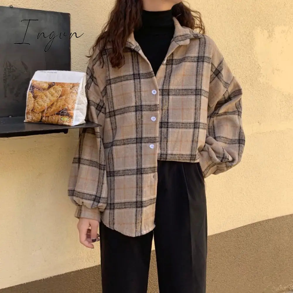 Ingvn - Women Blouses Turn-down Collar Spring Shirts Plaid All-match BF Batwing-sleeve Loose Outwear Harajuku Female 4 Colors Chic New