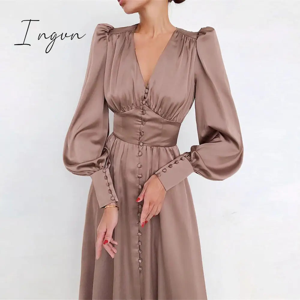Ingvn - Elegant spring satin bishop sleeve a-line dress women V-neck high waist button dress solid Vintage long dresses chic