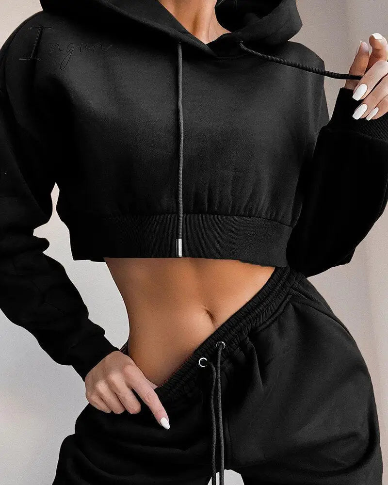 Ingvn - Tracksuit Women Two Piece Set Spring Clothes Solid Hooded Fleece Sweatshirt Crop Top and Pants Sport Jogging Suit Female Outfits