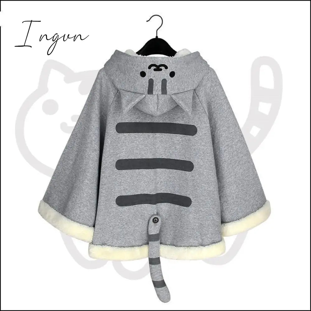 Ingvn - Lolita Cloak Harajuku Hoody Cloak Japanese Angry Cat Christmas Deer Fleece Cape Loose Pullover Batwing Sleeve Hoodie Coat