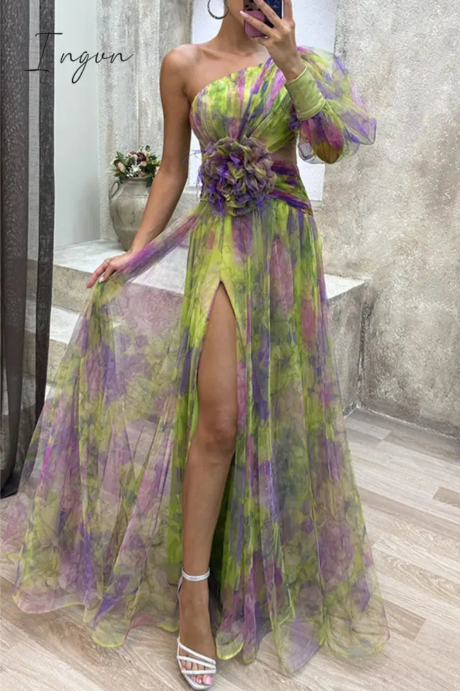Ingvn - Elegant Gradual Change Slit Oblique Collar Evening Dress Dresses
