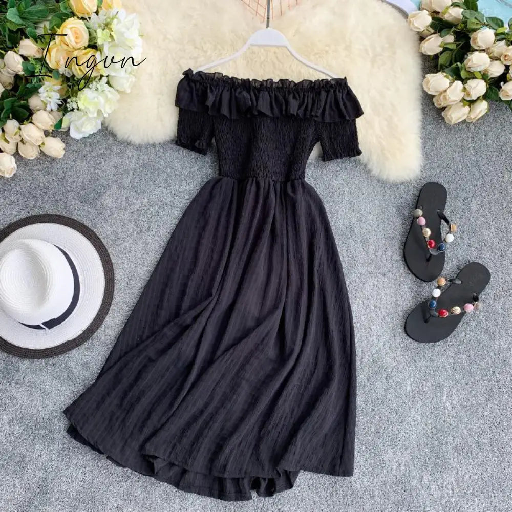 Ingvn - OCEANLOVE Women Summer Dresses Plaid Slash Neck Off Shouder Solid Vestidos Ruffles A-line High Waist Dress Robe Femme 11767
