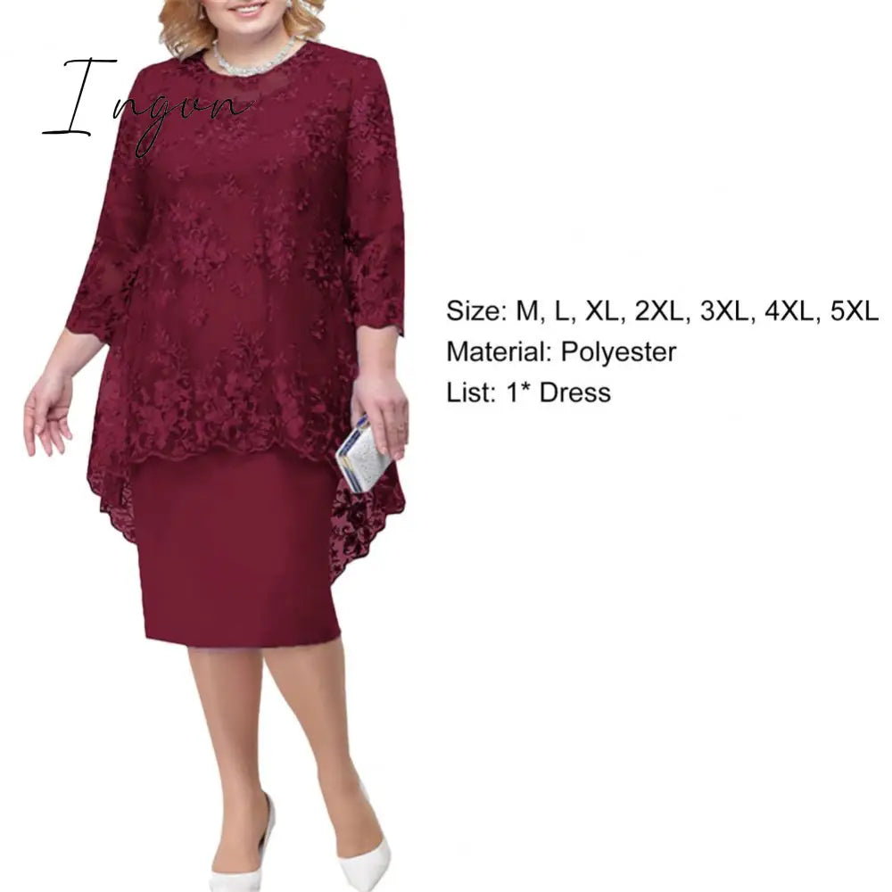 Ingvn - Women Plus Size Dress O-neck Midi Loose Dress M-5XL Lady Evening Lace Mesh Sexy Elegant Dress Female Clothing Summer Autumn