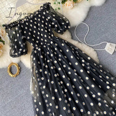 Ingvn - Embroidered Off-Shoulder Dresses Fairy Chic Gentle Dress Female New Style Sweet Daisy Printed Mesh Long Floral Dress Female