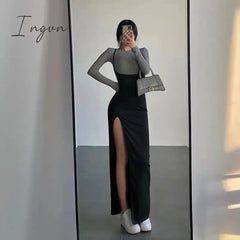 Ingvn - Sexy Split Design Dress Set Autumn Spring Long Sleeve T-Shirt Women Two Piece Set Elastic Slim 2 Piece Suit Y2K