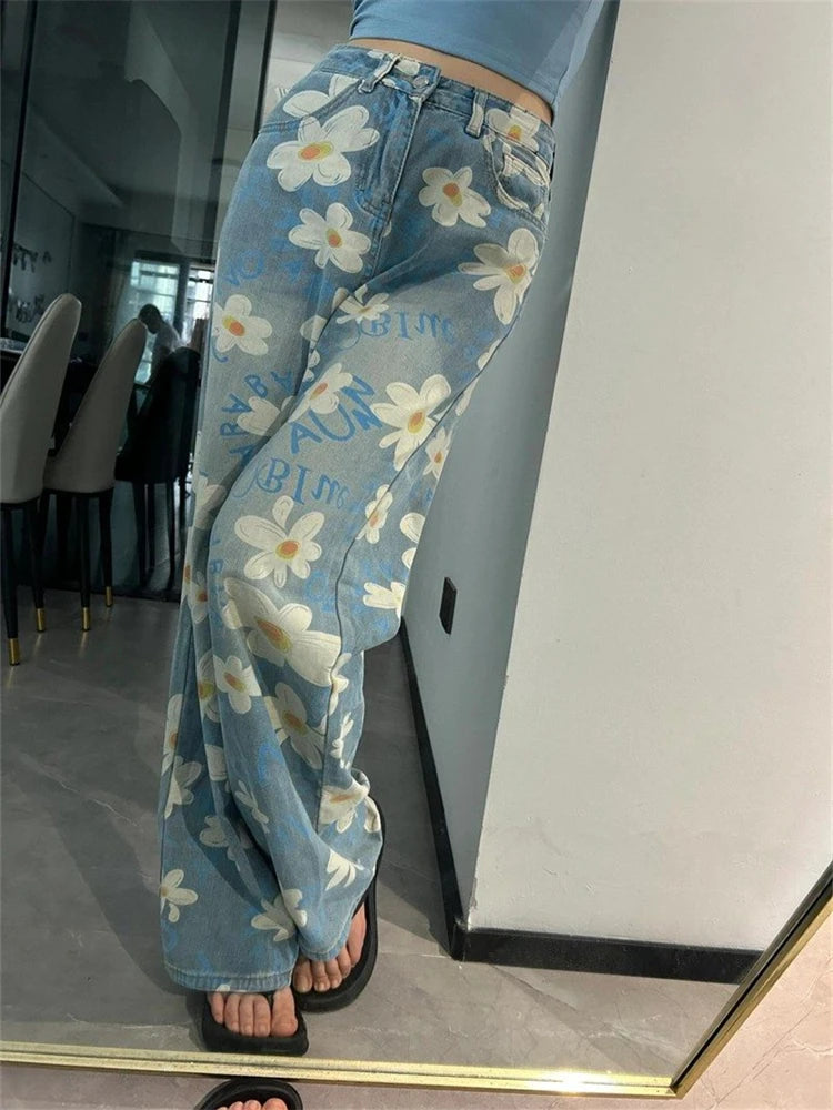 Ingvn  Women's Daisy Printed High Waisted Jeans Summer Street Cool Girl Bottoms Wide Legs Irregular Pants Female Baggy Denim Trousers