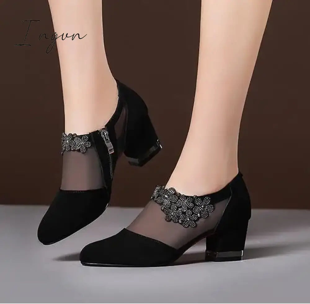 Ingvn - 2024 Women High Heel Shoes Mesh Breathable Pumps Zip Pointed Toe Thick Heels Fashion Female Dress Shoes Elegant Footwear