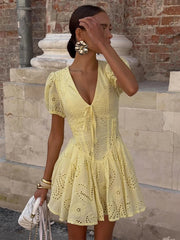 Trendix Yellow Elegant Dress Women Summer Sexy Deep V Neck Lace Up Short Sleeve Dresses Street Casual Vacation Ruffle Mini Dress