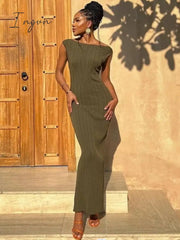 Ingvn - Green Knitted Dress for Women 2023 Summer Sexy O-Neck Sleeveless Split Elegant Maxi Dress Club Party Outfits Casual Long Dress