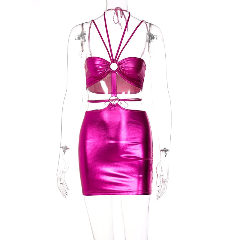 Voguable  Solid Sleeveless Bodycon Halter Hollow Out Sexy Mini Dress  Summer Women Fashion Streetwear Outfits Y2K