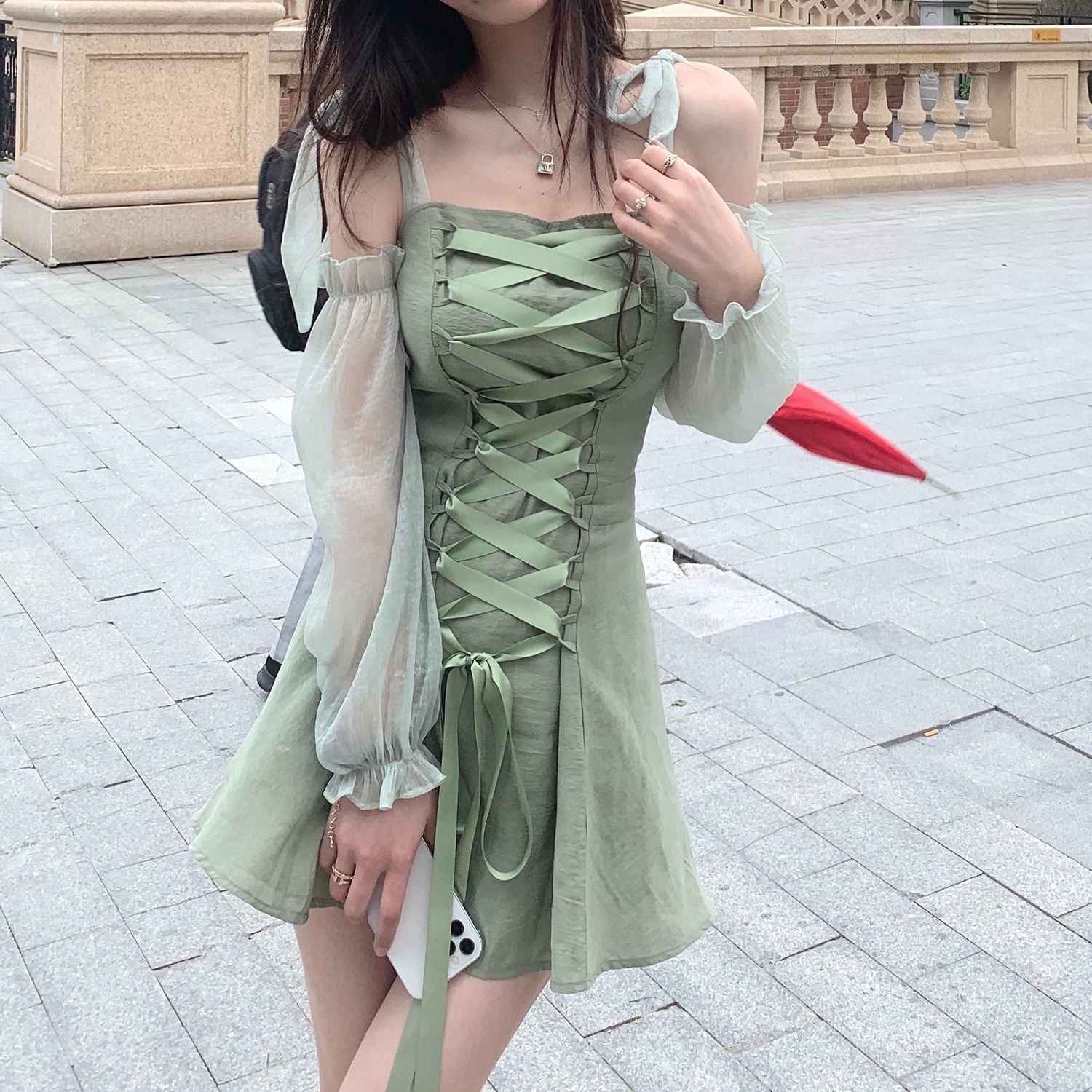 Solid Charmeuse Bandage Backless Sleeveless Shirring Lace-up Dress Summer Women Woods Elves Style Streetwears