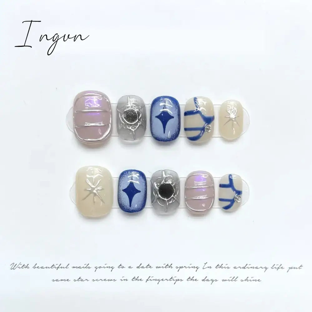 10PCS Wearable Handmade Press On Nails Blue y2k Designed Fake Nail Reusable Artificial Manicuree Art Nail Tips For Girls