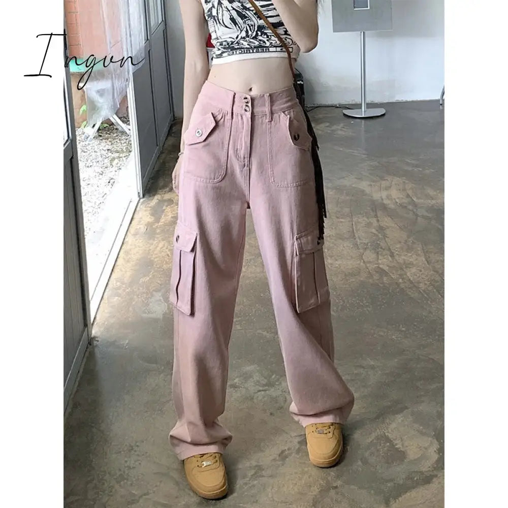 Ingvn - Cargo Pants for Women 2023 New High Waisted Pockets Korean Baggy Wide Leg Pants Streetwear Casual Full Length Pants