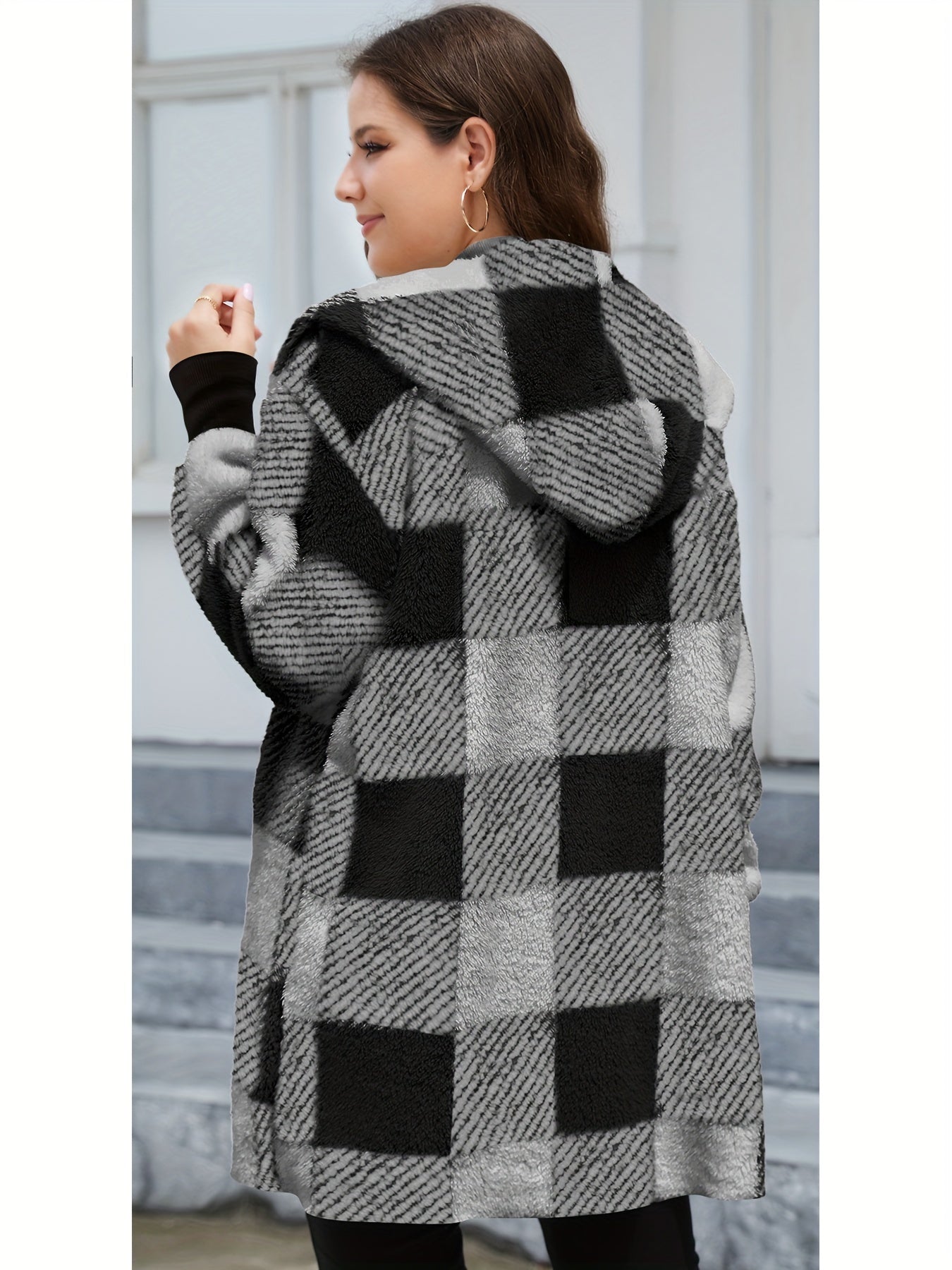 Stylish Long Sleeve Hooded Plush Lined Cardigan - Fleece Jackets with Color Block Plaid Print, Soft and Warm Women's Clothing for Winter