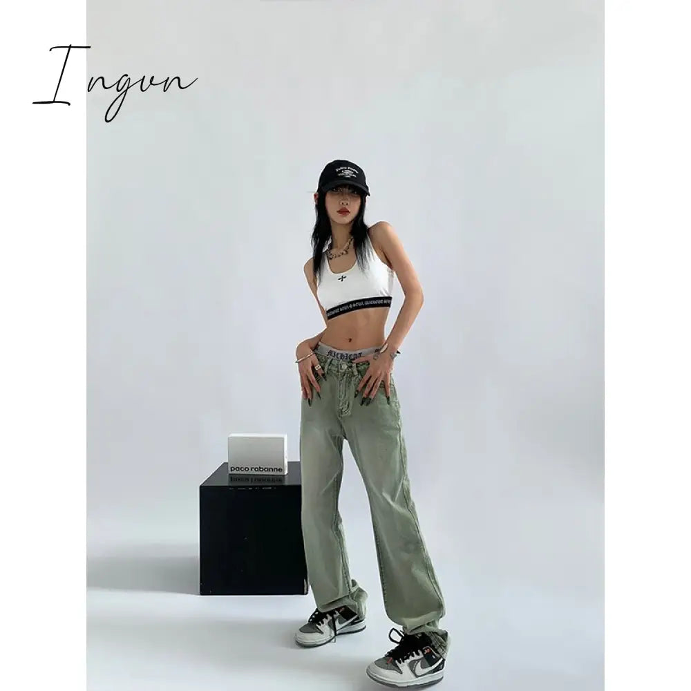 Ingvn - Women's Green Jeans Vintage Washed Multiple Pockets Wide Leg Pants Casual Street High Waist Baggy Denim Trouser Ladies Summer