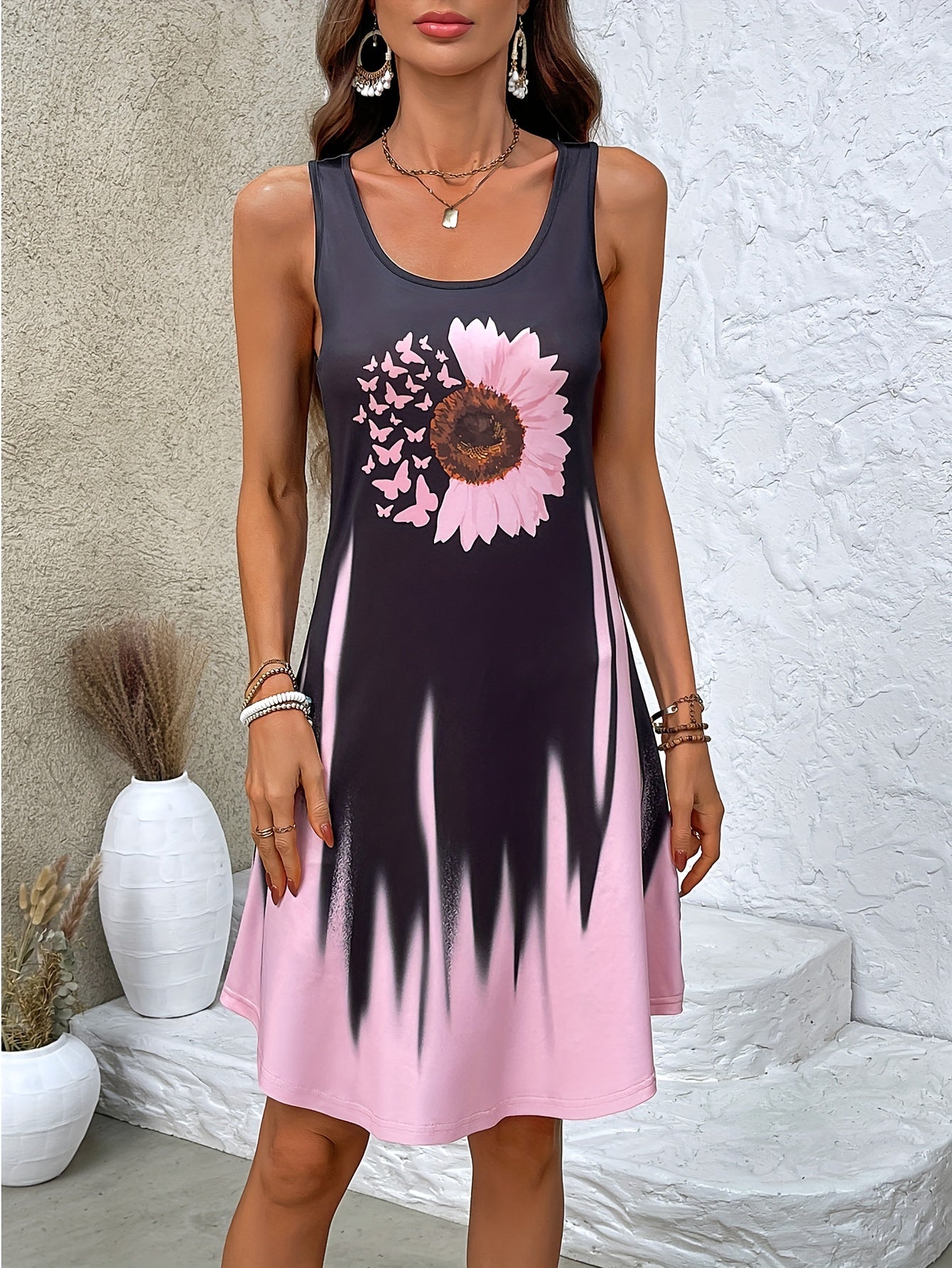 Vibrant Butterfly & Floral Print Ombre Tank Dress - Sleeveless, Casual, Comfortable, Breathable, Spring & Summer Essential - Women's Fashion Clothing for Warm Weather