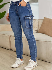 Womens Ultra-Skinny Cargo Jeans with Fashionable Flap Pockets - Classic Washed Blue Denim Pants - Premium Versatile Denim Clothing for Trendsetters