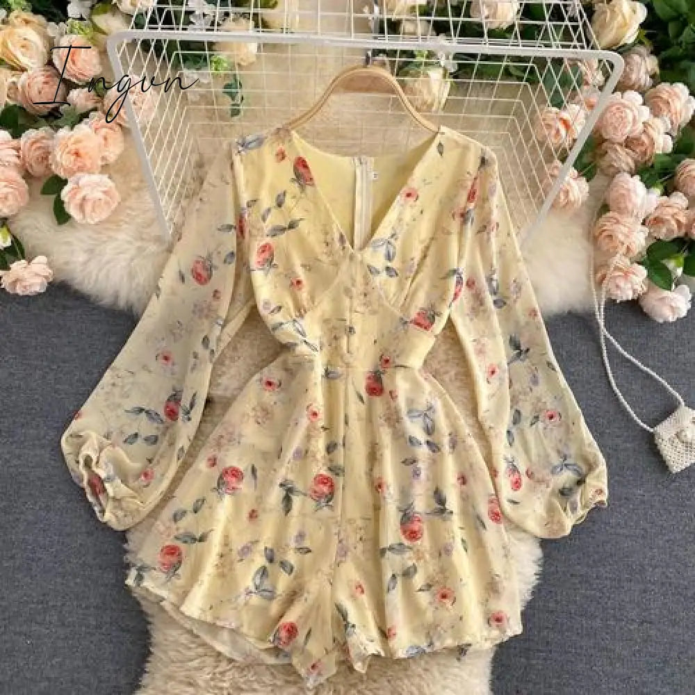 Ingvn - Women's French-Style Vintage Floral Print Jumpsuit V-neck Puff Sleeve Waist Hugging Slimming All-match Casual Playsuits