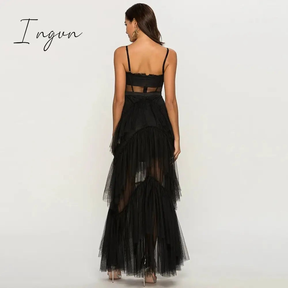 Ingvn - Womens Fashion Summer Sling Long Lace Dress Women Hollow Stitching Sexy Bubble Dress Backless Sleeveless Plus Size White Party Elegant Clothes