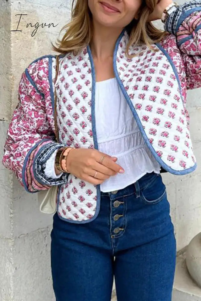 Ingvn - Sweet British Style Print Patchwork Cardigan Collar Outerwear